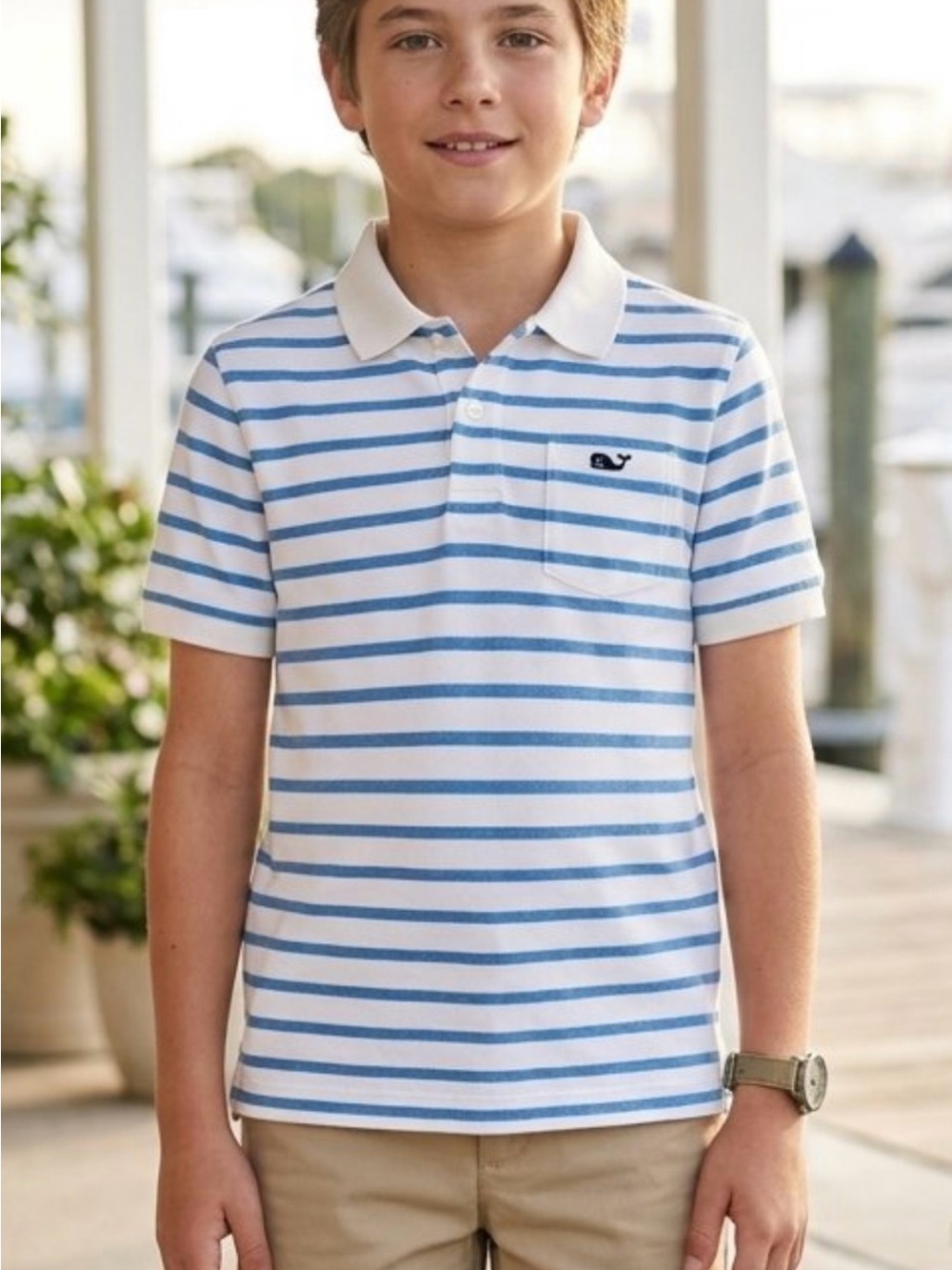 Boy’s Vineyard Vines Navy Blue & White Striped Polo Shirt, SZ 7